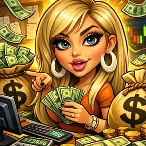 Cartoon Blonde Woman Holding Cash Art Print - Gold & Green